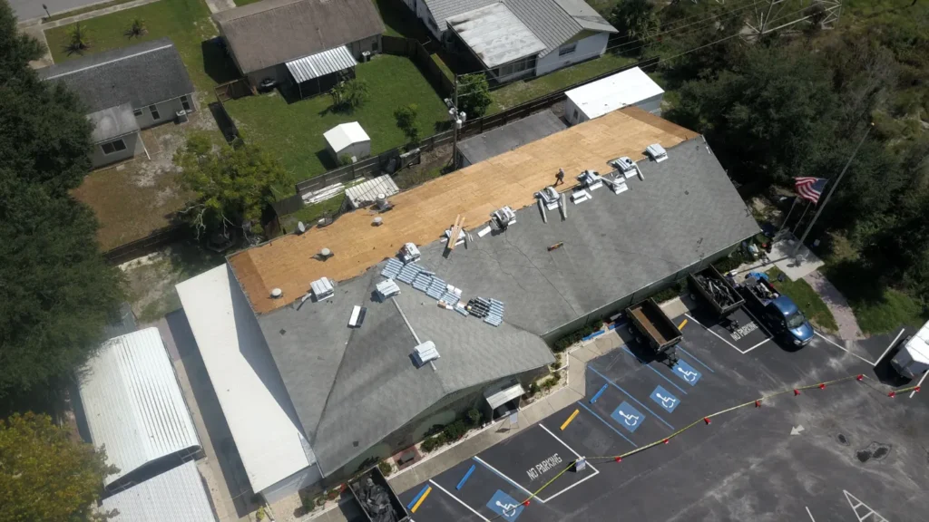 Aerial view of a full commercial roof replacement on the Gulf Coast