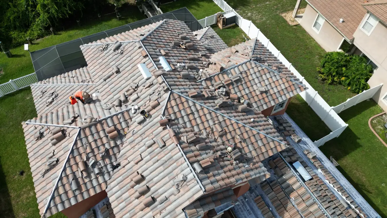 Aerial view of commercial tile roofs in Sarasota