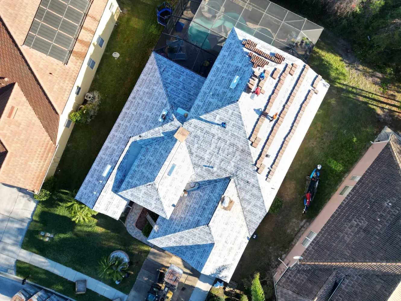 Aerial view of a roof replacement project on the Florida Gulf Coast